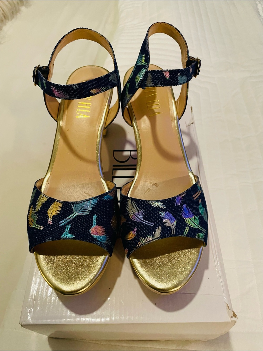 Anthropologie Navy denim Floral Ankle-Strap Sandals with Gold Toe